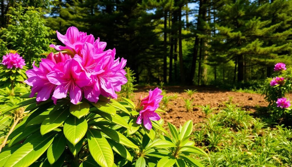 A lush, verdant landscape showcasing the natural habitat of the captivating rhododendron. In the foreground, a cluster of vibrant, large-petaled blooms in shades of pink and purple, their lustrous leaves casting soft shadows. The middle ground reveals a well-drained, slightly acidic soil, rich with organic matter, providing the ideal growing conditions. In the background, a dense, towering canopy of evergreen trees filters the warm, diffused sunlight, creating a serene, shaded atmosphere. The scene evokes a sense of tranquility and the timeless beauty of this iconic flowering shrub.