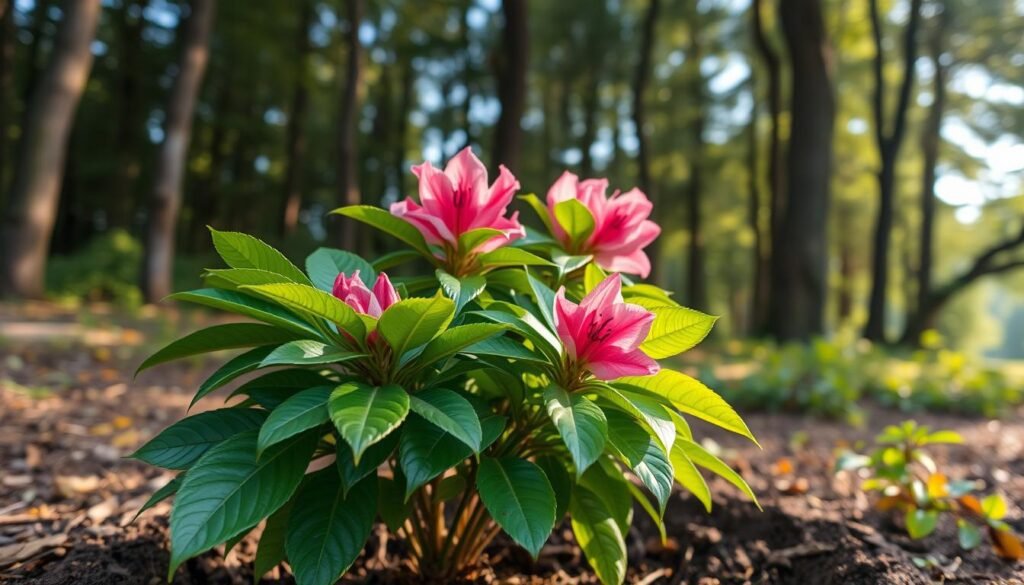 A lush, verdant rhododendron plant with vibrant, glossy leaves stands prominently in the foreground, its flowers just beginning to bloom. The background is a tranquil, wooded scene with dappled sunlight filtering through the trees, creating a warm, natural atmosphere. The camera is positioned at a low angle, emphasizing the scale and majesty of the rhododendron, capturing its intricate details and the rich, earthy tones of the soil in the planting hole. The overall mood is one of serene natural beauty, inviting the viewer to imagine the perfect conditions for planting and caring for this stunning, flowering shrub.