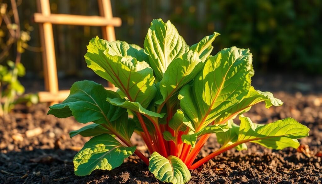 A lush, verdant rhubarb plant emerges from the soil, its large, vibrant leaves reaching towards the sky. The scene is bathed in warm, golden light, casting a gentle glow on the plant's vibrant hues. In the background, a simple wooden trellis casts delicate shadows, hinting at the plant's steady growth. The composition is balanced, with the rhubarb plant taking center stage, its leaves unfurling in a captivating display of spring's resurgence. The overall atmosphere is one of tranquility and the quiet triumph of nature, perfectly capturing the essence of "Frühlingswachstum durch Abdunkeln" and the section title "Tipps zur Wachstumsförderung im Frühling".