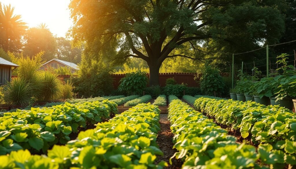 A lush, verdant vegetable garden arranged in an optimal layout to deter pests. In the foreground, rows of thriving produce arranged in evenly spaced intervals, their leaves rustling gently in a soft breeze. The middle ground showcases a variety of companion plants strategically placed to create a natural barrier against common garden pests. Towering over the scene, a canopy of mature trees filters the warm, golden sunlight, casting a tranquil, dappled glow across the tranquil scene. The overall composition conveys a sense of harmony and balance, where the thoughtful placement of plants works in concert to create a thriving, self-sustaining ecosystem.