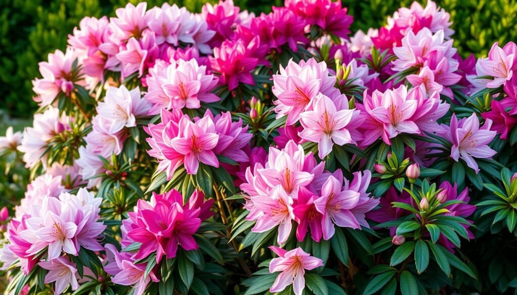 A lush, vibrant display of various Rhododendron cultivars in a natural garden setting. The flowers bloom in an array of colors, from delicate pastels to bold hues, their petals gently unfurling under the warm, soft lighting of the early afternoon sun. The plants are expertly arranged, showcasing their unique foliage and growth habits, creating a harmonious and visually captivating composition. The background features a blurred, verdant backdrop, allowing the Rhododendrons to take center stage. This scene perfectly encapsulates the beauty and diversity of the "Rhododendron Sortenauswahl", highlighting the perfect plant selections for the discerning gardener.
