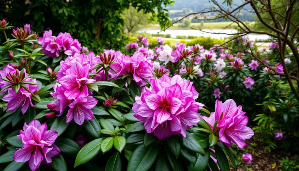 A lush, vibrant garden scene showcasing the beauty of rhododendrons in various stages of bloom. In the foreground, a cluster of large, full-petaled flowers in shades of pink, purple, and white, their glossy leaves forming a dense, verdant backdrop. The middle ground features a mix of rhododendron bushes of varying heights, their branching silhouettes casting gentle shadows across the well-tended garden beds. In the background, a glimpse of a serene, natural landscape, perhaps a pond or wooded area, adding depth and context to the idyllic setting. The lighting is soft and diffused, creating a warm, inviting atmosphere that highlights the delicate textures and vibrant colors of the rhododendrons. A scene that showcases the versatility and visual appeal of these magnificent plants in a harmonious garden design.