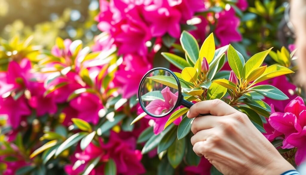 A lush, vibrant rhododendron bush in soft afternoon light, its glossy green leaves and vibrant pink blooms contrasting against a blurred, nature-filled backdrop. In the foreground, a skilled gardener carefully inspects the foliage, searching for signs of pests or disease. Delicate magnifying glass in hand, they examine the plant closely, ready to employ organic, eco-friendly pest control methods to protect this beautiful specimen. The scene conveys a sense of attentive care and stewardship, reflecting the diligence required to maintain a healthy, thriving rhododendron.
