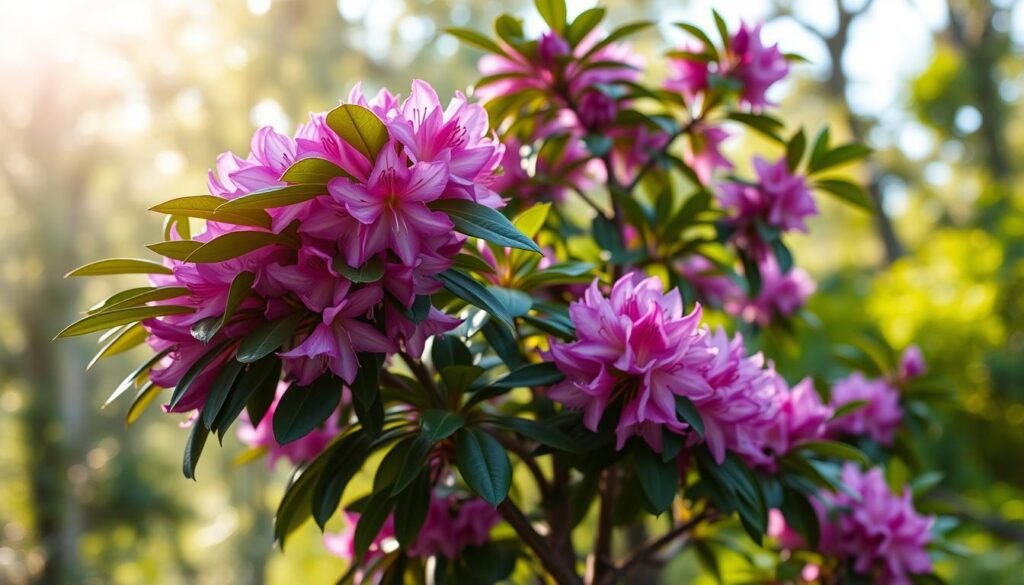 A lush, vibrant rhododendron plant set against a softly blurred natural backdrop. The foreground features the plant's glossy, dark green leaves and clusters of delicate, bell-shaped flowers in shades of pink and lavender. The mid-ground showcases the plant's sturdy, branching structure, hinting at its mature size. Warm, diffused sunlight filters through the surrounding foliage, creating a serene, tranquil atmosphere. The overall composition highlights the plant's essential purchase criteria - healthy foliage, abundant blooms, and a robust, well-developed form.