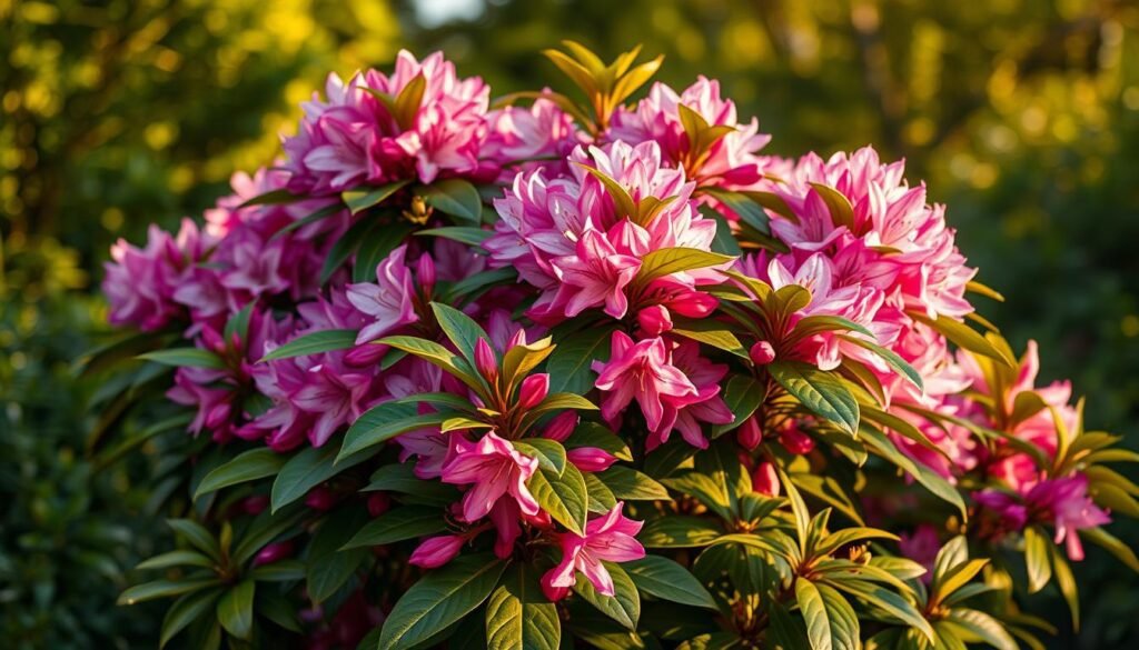 A lush, vibrantly-colored rhododendron shrub in full bloom, set against a soft, blurred natural background. The plant's large, glossy leaves and clusters of delicate, bell-shaped flowers in shades of pink, purple, and white fill the frame, bathed in warm, directional lighting that accentuates their textures and hues. The image captures the essence of a well-cared-for rhododendron, highlighting the essential elements of proper care and maintenance, such as watering, fertilizing, and pruning, to showcase the plant's beauty and healthy growth.