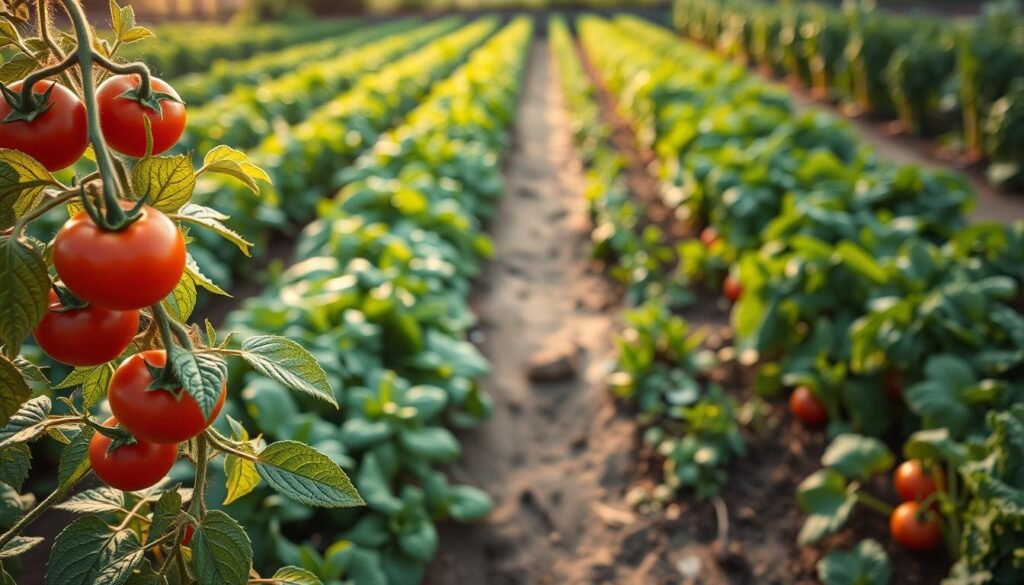 A lush, well-organized vegetable garden with evenly spaced rows of thriving plants. The foreground features a close-up view of several healthy tomato plants, their green leaves and ripe red fruits standing out against a soft, blurred background. The middle ground showcases a variety of other vegetables, such as leafy greens and root crops, all neatly arranged in parallel lines to demonstrate the optimal planting distance. Warm, natural sunlight filters through the scene, casting gentle shadows and creating a sense of depth and tranquility. The overall composition conveys a sense of order, abundance, and the careful planning required for a productive and visually appealing vegetable bed.