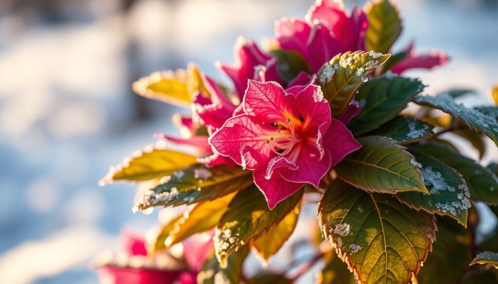 A stunning close-up photograph of a vibrant rhododendron shrub in winter, its lush foliage adorned with delicate ice crystals. The plant is positioned against a soft, blurred background, bathed in warm, golden sunlight that gently accentuates the intricate patterns of the leaves. The image captures the plant's resilience and adaptability, showcasing the remarkable natural mechanisms that allow it to withstand the harshest winter conditions. The composition emphasizes the delicate beauty and fragility of the rhododendron, conveying a sense of awe and appreciation for the wonders of nature.