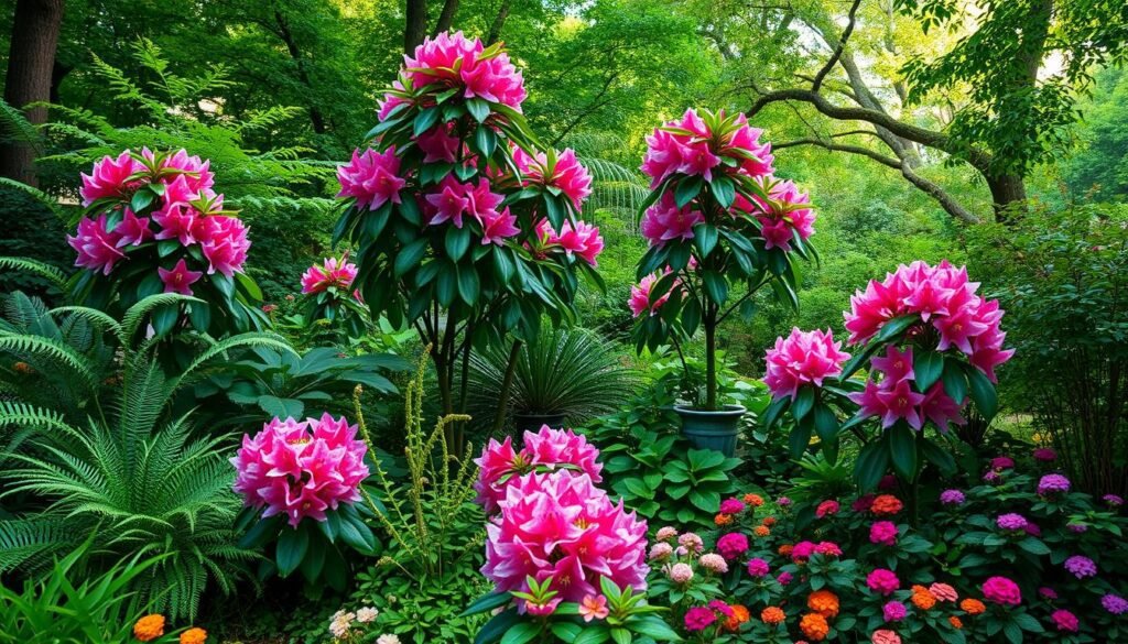 A verdant garden oasis, featuring a lush arrangement of rhododendrons surrounded by a harmonious combination of companion plants. The rhododendrons stand tall, their vibrant, glossy leaves catching the soft, diffused light filtering through the canopy overhead. Interspersed among the rhododendrons are delicate ferns, cascading groundcovers, and vibrant flowering perennials, creating a visually striking and naturalistic composition. The overall scene evokes a sense of tranquility and balance, with the rhododendrons as the focal point, seamlessly integrated into their companion planting scheme. The perspective is slightly elevated, allowing the viewer to take in the entirety of this carefully curated garden vignette.