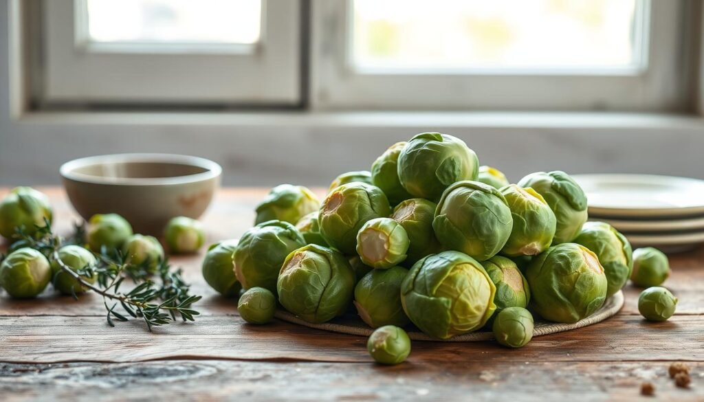A vibrant and detailed still life capturing the nutritional value of Brussels sprouts. Resting on a rustic wooden table, a neatly arranged selection of Brussels sprouts is illuminated by soft, natural light filtering through a nearby window. The sprouts are depicted with a high level of realism, showcasing their distinctive green hue, textured surfaces, and compact, spherical shapes. Surrounding the produce, a minimalist composition of complementary elements enhances the scene - perhaps a small sprig of herbs, a simple ceramic dish, or a subtle textural backdrop. The overall mood is one of simplicity and clarity, allowing the viewer to focus on the nutritional facts and vitamins inherent in this humble yet versatile vegetable.