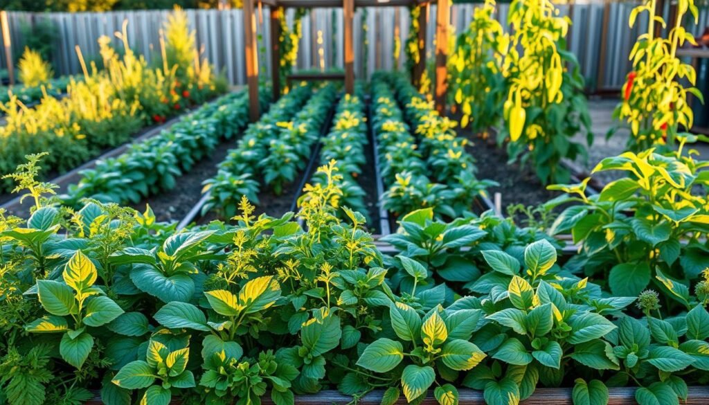 A well-designed raised garden bed filled with a lush, thriving vegetable garden. In the foreground, a variety of leafy greens and herbs spill over the edges, creating a sense of abundance. In the middle ground, orderly rows of tomato plants, peppers, and zucchini stretch out, their foliage casting soft shadows. In the background, a wooden structure supports a trellis system, allowing climbing crops to flourish. The scene is bathed in warm, golden-hour light, creating a serene and inviting atmosphere. The overall composition emphasizes the harmony between the structured layout and the natural, flowing growth of the plants, showcasing the benefits of the raised bed approach to vegetable gardening.