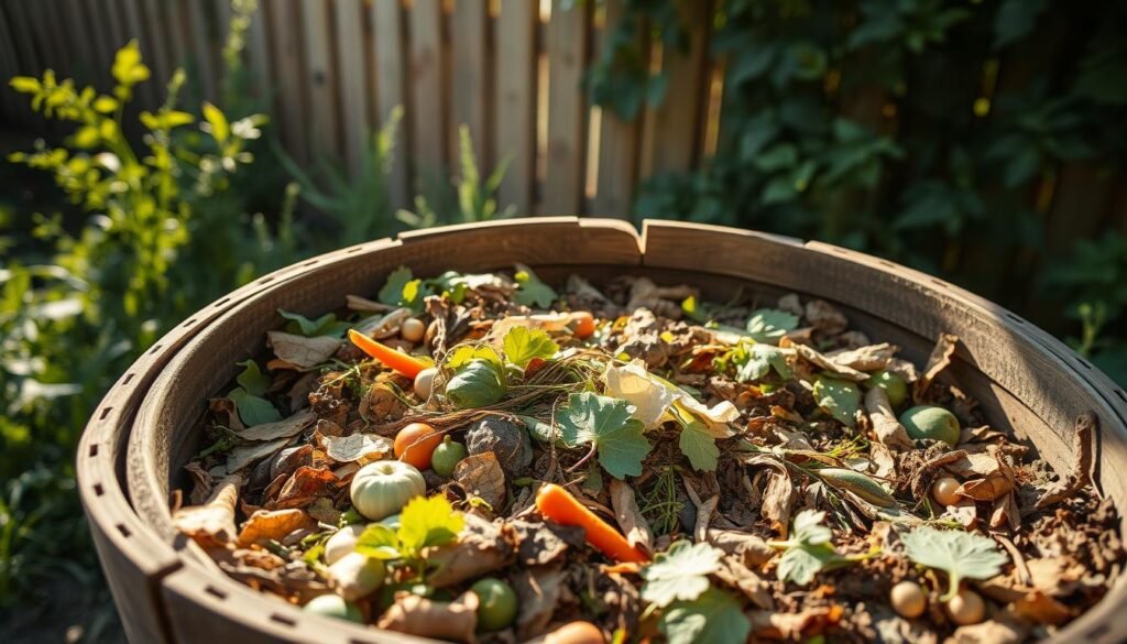A well-lit, detailed close-up of a composting bin or tumbler in a backyard garden setting. The bin is filled with a mixture of diverse plant materials - vegetable scraps, leaves, grass clippings, and other organic waste. Sunlight filters through the slats, casting a warm, earthy glow. The bin's contents are in various stages of decomposition, showing the natural process of sustainable plant recycling. In the background, lush greenery and a wooden fence frame the scene, conveying a sense of tranquility and environmental harmony. The overall impression is one of a mindful, eco-friendly approach to managing garden waste.