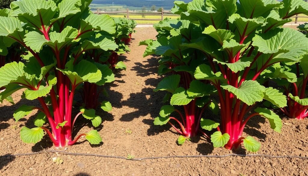 Rhabarber-Anbau im Garten: A lush, verdant garden setting with rows of vibrant rhubarb plants thriving in the dappled sunlight. Broad, textured leaves unfurl from thick, crimson stalks, casting intricate shadows on the rich, loamy soil. In the background, a wooden fence partially obscures a peaceful, rural landscape, hinting at the tranquil surroundings. The scene is bathed in a warm, golden glow, creating a sense of natural harmony and abundance. The camera angle is slightly elevated, offering a panoramic view that captures the essence of this productive, well-tended rhubarb patch.