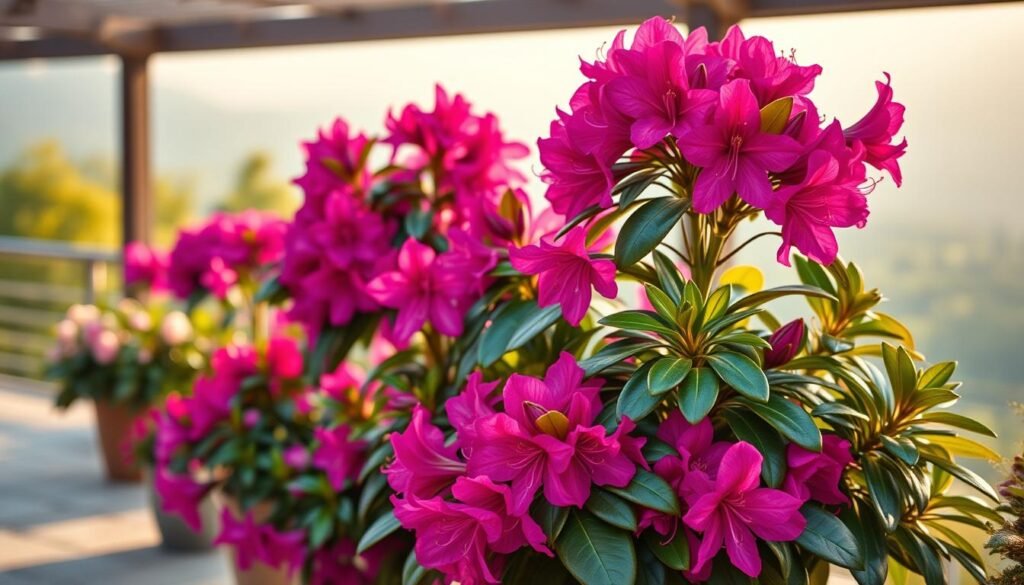 Rhododendron Kübelpflanzung: A lush, vibrant container garden showcasing the majestic beauty of rhododendrons. In the foreground, a large rhododendron bush bursts with vivid, velvety blooms in shades of deep pink and purple, its glossy green leaves framing the flowers. In the middle ground, smaller rhododendron plants in complementary colors add depth and texture to the scene. The background features a serene, softly-lit outdoor setting, with a blurred natural landscape creating a sense of tranquility. Warm, directional lighting casts gentle shadows, highlighting the plants' sculptural forms. The overall composition evokes a harmonious, immersive experience, showcasing the versatility of rhododendrons as captivating container specimens.