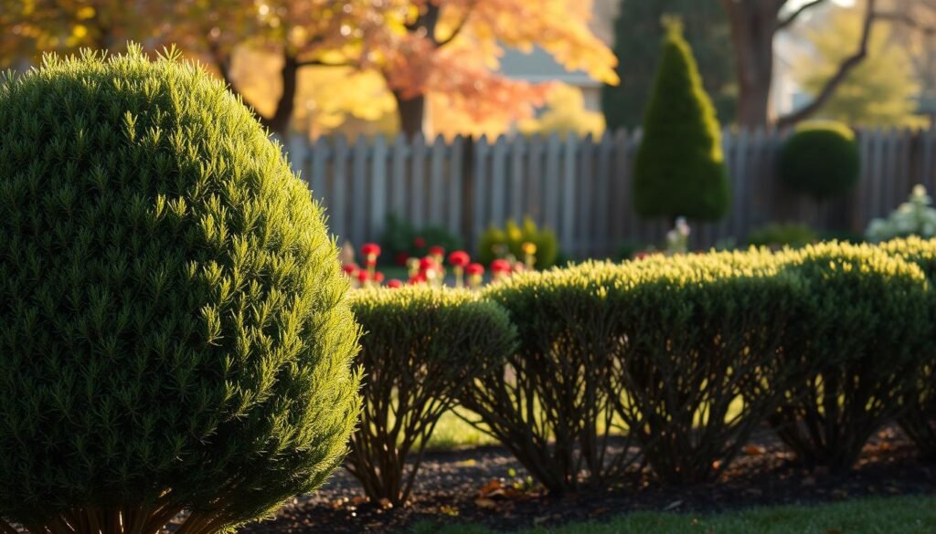 A crisp autumn day with a warm, golden glow. In the foreground, a carefully pruned hedge stands proud, its neatly trimmed branches casting delicate shadows on the ground. The middle ground reveals a well-tended garden, with vibrant fall foliage adding pops of color. In the background, a wooden fence and a few mature trees frame the scene, creating a sense of depth and tranquility. The lighting is soft and diffused, casting a gentle, natural illumination that accentuates the textures and details of the hedge. The overall composition evokes a serene, well-maintained garden in the heart of the autumn season.