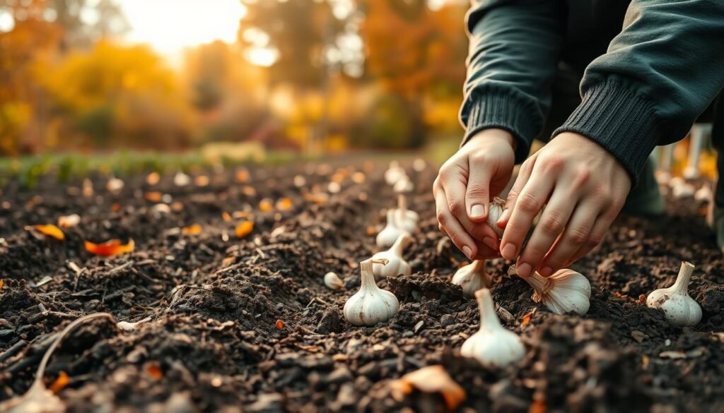 A lush, autumnal garden scene with a focus on planting garlic. In the foreground, several hands carefully place garlic cloves into the rich, dark soil, their movements deliberate and experienced. The middle ground showcases rows of freshly tilled earth, awaiting the garlic bulbs. In the background, a colorful tapestry of fall foliage sets the scene, with a warm, golden light filtering through the trees. The overall mood is one of peaceful productivity, as the gardener prepares the soil for the coming winter. The image is captured with a shallow depth of field, emphasizing the tactile nature of the task at hand.