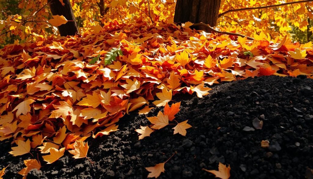 A lush pile of fallen autumn leaves, shimmering with warm hues of amber, ochre, and russet, rests atop a mound of rich, dark compost. Sunlight filters through the canopy, casting a golden glow and creating intricate patterns of light and shadow. The scene exudes the earthy, pungent aroma of decomposing foliage, a testament to the natural cycle of growth and renewal. In the foreground, the decomposing leaves mingle with the dark, crumbly compost, hinting at the transformation of organic matter into a nutrient-dense soil amendment. The image conveys the importance of this seasonal process, celebrating the abundance and vitality of nature's own recycling system.