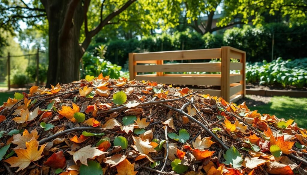 A lush, verdant compost pile nestled in a tranquil garden setting. In the foreground, freshly gathered autumn leaves and twigs are carefully layered, creating the foundation of the compost. The middle ground showcases a wooden compost bin, its slatted design allowing for optimal airflow and decomposition. Sunlight filters through the canopy of surrounding trees, casting a warm, natural glow over the scene. The background features a well-tended vegetable patch, hinting at the future use of the nutrient-rich compost. The overall atmosphere is one of peaceful productivity, inviting the viewer to partake in the rewarding process of creating their own garden compost.