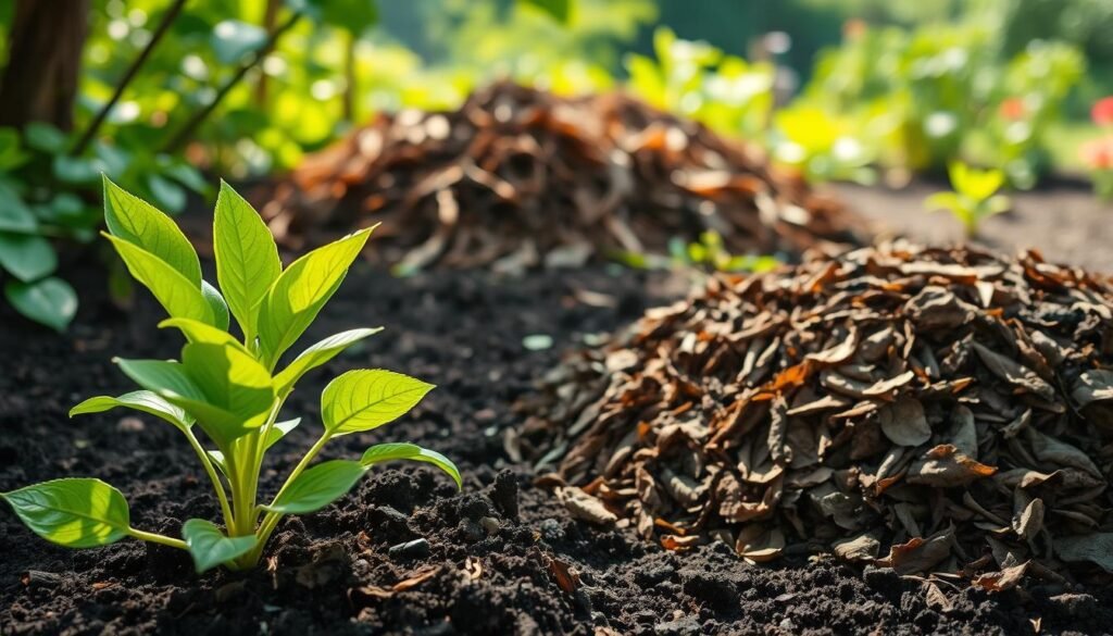 A lush, verdant garden scene showcasing the benefits of leaf compost for soil improvement. In the foreground, a healthy, thriving plant emerges from dark, nutrient-rich soil, its vibrant foliage basking in soft, natural lighting. The middle ground reveals a pile of freshly decomposed leaf matter, its rich, earthy tones blending seamlessly with the surrounding landscape. In the background, a backdrop of flourishing greenery and a hint of a tranquil garden setting, creating an atmosphere of fertile abundance. The overall composition conveys the transformative power of leaf compost, visually communicating its value as a sustainable, natural soil enhancer.