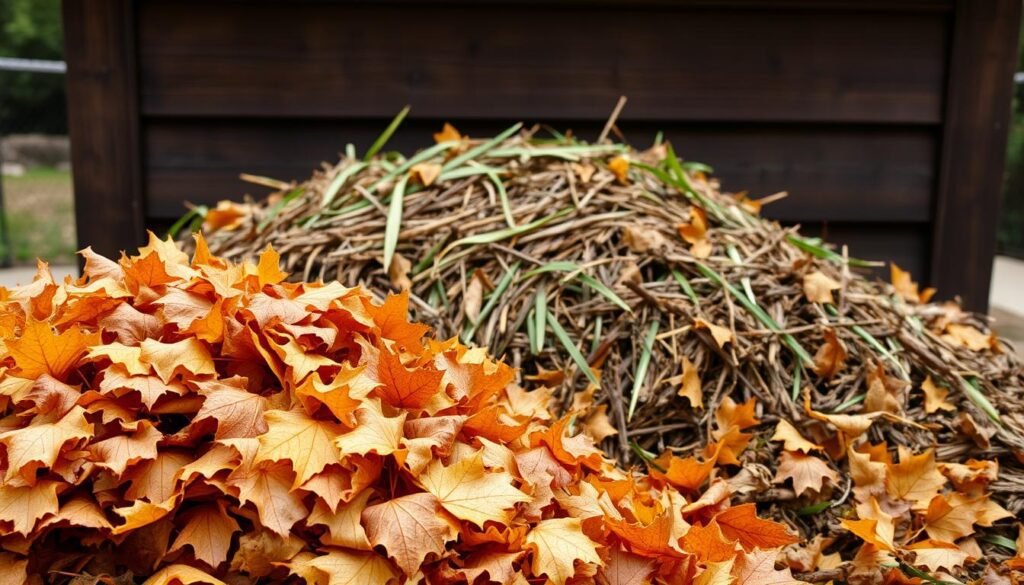 A neatly arranged collection of materials for a thriving leaf compost pile. In the foreground, a stack of dried, crinkly leaves in shades of gold, orange, and red, their textures inviting to the touch. In the middle ground, a heap of shredded brown and green plant matter, from twigs to grass clippings, ready to be layered into the compost. The background features a large, lidded compost bin, its dark wood grain contrasting with the vibrant organic materials. Soft, diffused lighting illuminates the scene, highlighting the rich earthy tones and natural details. The overall composition conveys a sense of preparedness and anticipation for the transformation of these humble ingredients into nutrient-dense compost.